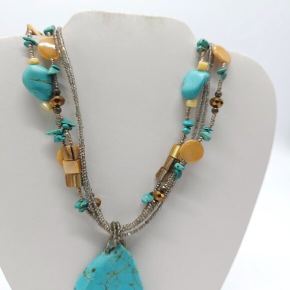 Turquoise Brown Multi-Strand Beaded Necklace With Stone Pendant By Laura Ashley - Picture 3 of 6